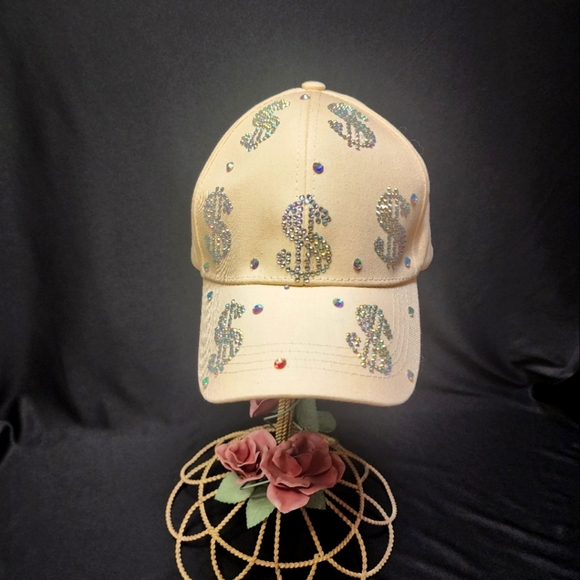 Aroura Borealis Rhinestone Dollar Sign Beige Baseball Cap - Picture 2 of 14